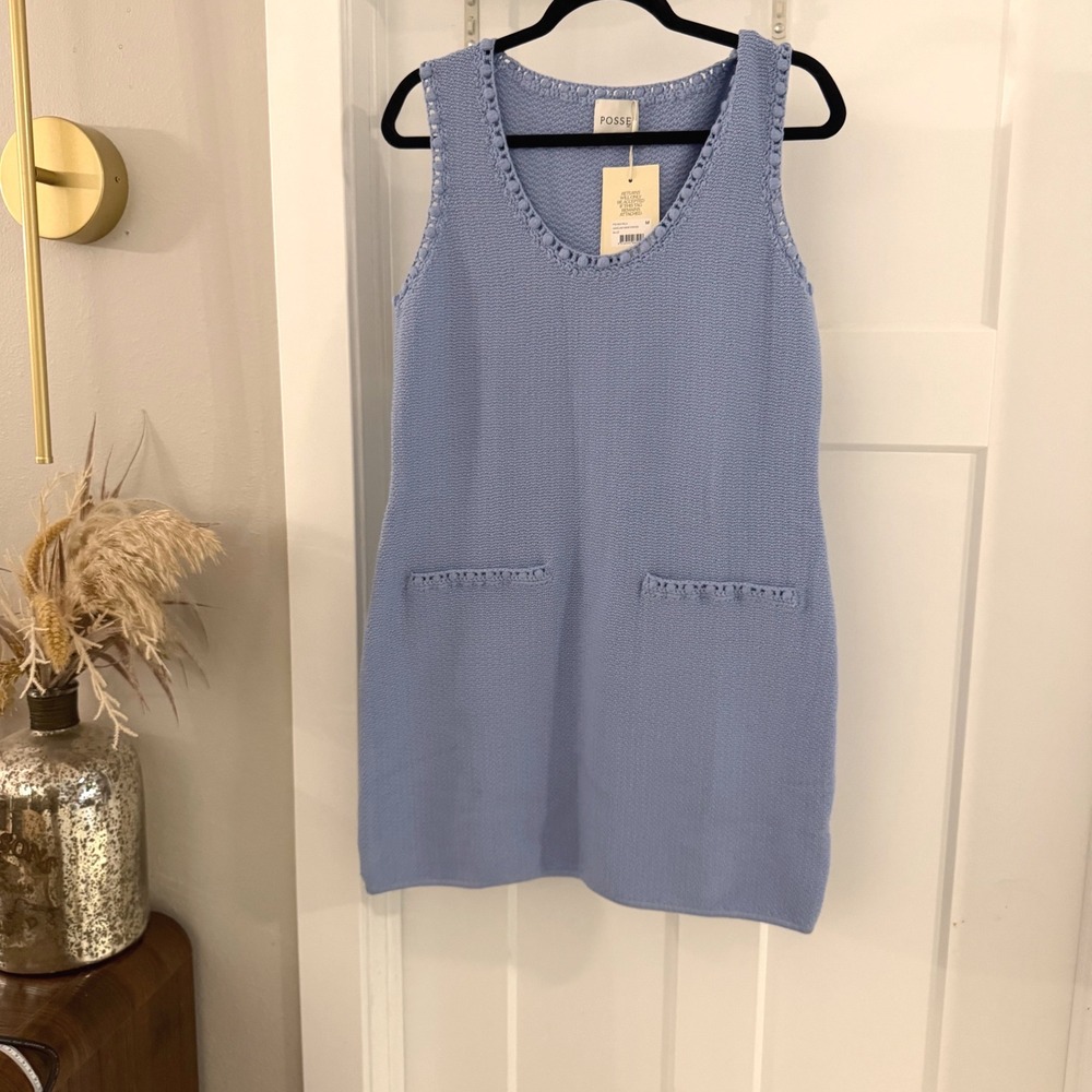 POSSE Harlan Mini Dress Blue Knit Sleeveless Shift M NWT Old Money Quiet Luxury